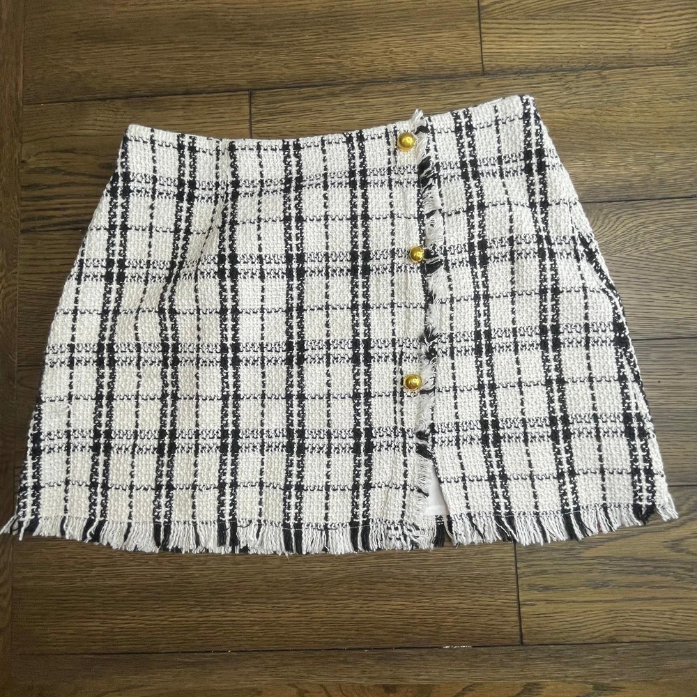 Tweed Mini‎ Skirt Plaid Black White XL NWT Kate Kasin